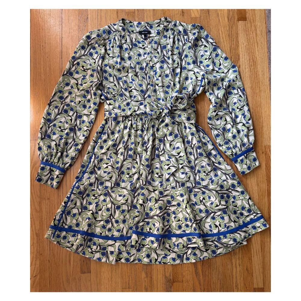 ME+EM Green Blue Trailing Flower Print Fit and Flare Belted Dress Size 12